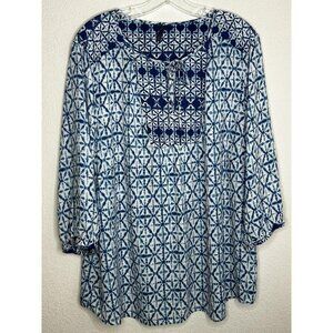 NYDJ Shirt Womens 2X Blue White Boho Peasant Tunic Tie Neck 3/4 Sleeve Casual